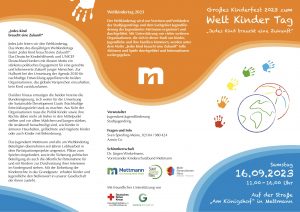 Weltkindertag am 16.09.2023 in Mettmann mit dem Ortsverband Mettmann vom Deutschen Kinderschutzbund. Flyer Aussenseite 2023.